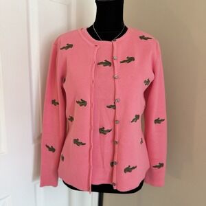 Alexandra Bartlett VTG Embroidered Alligator Knit Cardigan Tank Set Pink Novelty